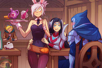 2girls 3boys :q animal_ears bare_arms battle_bunny_riven black_bow black_bowtie black_leotard blood blue_eyes blush bodysuit bottle bow bowtie breasts chair closed_eyes covered_navel detached_collar ezreal fake_animal_ears from_behind glass green_headwear grin holding holding_phone holding_tray hood hood_up indoors irelia league_of_legends leotard long_hair looking_at_another medium_breasts multiple_boys multiple_girls necktie nosebleed pantyhose parted_bangs phone playboy_bunny rabbit_ears red_bodysuit red_legwear riven_(league_of_legends) short_hair short_necktie sitting smile strapless strapless_leotard table talon_(league_of_legends) teemo tongue tongue_out tray vmat white_hair wrist_cuffs