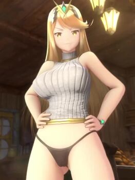 animated blonde_hair breasts clothes_lift eyro3dcg large_breasts mythra_(xenoblade) nipples shirt_lift tagme teasing video xenoblade_chronicles_(series) xenoblade_chronicles_2
