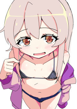 1girl absurdres bikini blush breasts brown_eyes grey_hair highres itsuki_ai jacket loli long_hair looking_at_viewer micro_bikini onii-chan_wa_oshimai! open_clothes open_jacket open_mouth oyama_mahiro simple_background small_breasts solo swimsuit white_background