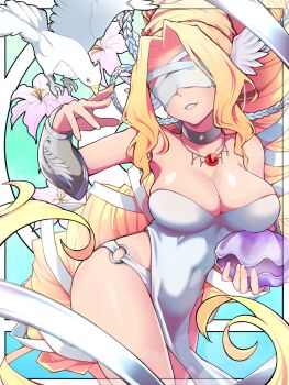 1girl arm_guards bird blindfold blonde_hair breasts choker clam covered_eyes covered_navel digimon digimon_(creature) dove dress flower hair_ribbon highres holding jewelry large_breasts lily_(flower) long_hair necklace o-ring o-ring_bottom o-ring_panties pakotaroh panties ribbon scallop smile solo strapless strapless_dress underwear venusmon very_long_hair white_bird wing_ears