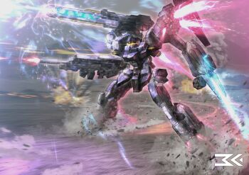 arm_mounted_weapon armored_core artist_name assault_visor beam_cannon clenched_hand commentary debris dust_cloud energy_blade exhaust explosion firing gun gundam gundam_unicorn highres jesta jesta_cannon legs_apart mecha mecha_focus mechaklear mobile_suit motion_blur no_humans radio_antenna redesign robot science_fiction shoulder_cannon smoke solo thrusters weapon yellow_visor