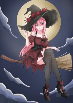 absurdres bare_shoulders black_dress black_thighhighs broom broom_riding collarbone commentary crossed_legs dress english_commentary full_moon hat highres hololive hololive_english long_hair looking_at_viewer moon mori_calliope pink_eyes pink_hair red_dress shirohodo short_sleeves smile thighhighs very_long_hair witch witch_hat