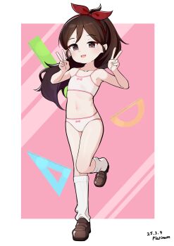 1girl absurdres bare_shoulders border bow bow_bra bow_hairband bow_panties bra brown_eyes brown_hair child collarbone commentary_request dated double_v flat_chest full_body hairband highres loli looking_at_viewer mary_janes navel open_mouth panties pink_background pink_bra pink_panties platinum-mix red_hairband ruirui_(taozhu_tongshu) shoes socks solo standing taozhu_tongshu underwear v white_border white_socks