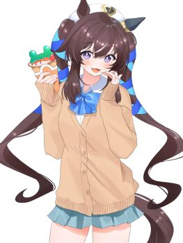 1girl alternate_costume animal_ears black_hair blue_bow blue_bowtie blue_ribbon blush bow bowtie bright_pupils brown_cardigan brown_hair brown_tail cardigan commentary_request cowboy_shot crepe food grey_skirt hair_ribbon hat highres holding holding_crepe holding_food horse_ears horse_girl horse_tail katuko_deluxe long_hair long_sleeves looking_at_viewer miniskirt mole mole_under_eye open_mouth pencil_skirt purple_eyes ribbon school_uniform simple_background skirt sleeves_past_wrists smile solo tail twintails umamusume very_long_hair vivlos_(umamusume) white_background white_hat white_pupils white_streaks