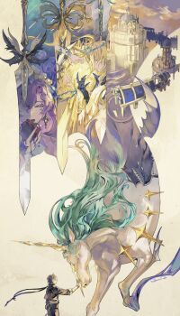 1boy 3girls apple architecture black_jacket blonde_hair blue_eyes blue_flower cantarella_(wuthering_waves) cartethyia_(wuthering_waves) clawed_gauntlets closed_eyes closed_mouth commentary_request crown_of_thorns earrings facial_mark fleurdelys_(wuthering_waves) flower food fruit hair_flower hair_ornament hand_up headdress highres holding holding_food holding_fruit horns imperator_(wuthering_waves) jacket jewelry long_hair looking_at_viewer male_rover_(wuthering_waves) mark_under_eye multiple_girls nail_polish pangu_terminal_(wuthering_waves) pokkkkaringo purple_hair purple_nails rover_(wuthering_waves) signature single_horn smile winged_unicorn wuthering_waves yellow_horns