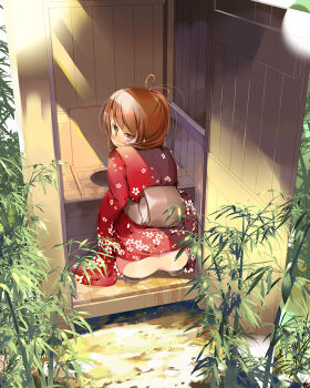 1girl ass bad_id bad_pixiv_id blush bottomless brown_eyes brown_hair embarrassed female_focus from_behind hair_ribbon hanpen japanese_clothes kimono long_hair looking_at_viewer looking_back no_panties original outhouse pee peeing ponytail ribbon solo squatting syojia toilet you&#039;re_doing_it_wrong