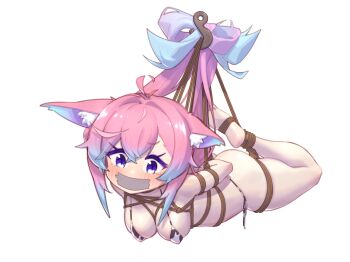 1girl absurdres ahoge animal_ear_fluff animal_ears animal_print arms_behind_back ass bare_legs barefoot bdsm bikini blush bondage bound bound_arms bound_legs breasts cow_print cow_print_bikini crotch_rope crying crying_with_eyes_open fox_ears fox_girl full_body gag gradient_hair hair_between_eyes highres hook improvised_gag indie_virtual_youtuber large_breasts long_bangs long_hair multicolored_hair pink_hair print_bikini purple_eyes restrained shibari shippitsu sidelocks simple_background soles solo suspension swimsuit tears teletha_(vtuber) virtual_youtuber white_background