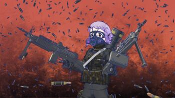 1girl 3d artist_request black_gloves black_jacket black_pants blender_(medium) bullet commentary fim-92_stinger gas_mask gloves gun hands_up holding holding_gun holding_weapon holster idolmaster idolmaster_million_live! jacket light_machine_gun load_bearing_vest looking_ahead m249_saw machine_gun makabe_mizuki mask military pants purple_hair red_background rocket_launcher short_hair sidelocks solo tactical_clothes thigh_holster upper_body wavy_hair weapon weapon_on_back yellow_eyes