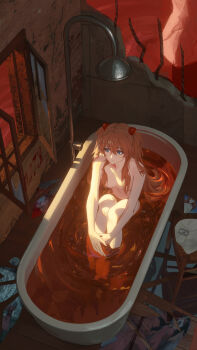 1girl absurdres bath bathtub blue_eyes breasts broken_glass brown_hair chair closed_mouth cola-alter collarbone commentary_request completely_nude convenient_censoring dress dutch_angle from_above full_body glass hair_between_eyes hair_ornament highres indoors industrial_pipe interface_headset_(evangelion) knees_to_chest lcl long_hair looking_to_the_side mecha_pilot_suit medium_breasts neon_genesis_evangelion nude open_window orange_hair plugsuit_(evangelion) rebar shower_head sitting solo souryuu_asuka_langley sundress two_side_up very_long_hair window wooden_floor