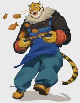 1boy animal_ears apron artist_name black_jacket blue_apron boots brown_boots claws closed_eyes commentary denim dodongchives english_commentary fangs food furry furry_male highres holding holding_tray hoseok_(mr._tiger&#039;s_snacks) jacket jeans male_focus mr._tiger&#039;s_snacks open_mouth pants pawpads star_(symbol) tail taiyaki tiger_boy tiger_ears tiger_stripes tiger_tail tray wagashi white_background