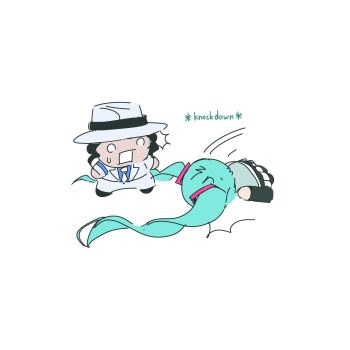 1boy 1girl applehe93929811 aqua_hair black_hair blue_shirt chibi commentary faceplant falling formal_clothes hair_ornament hat hatsune_miku highres michael_jackson real_life shirt simple_background skirt suit twintails vocaloid white_background white_hat white_suit
