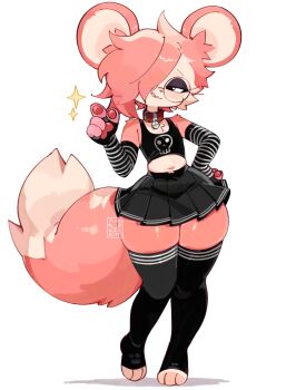 1boy :3 :q animal_ears animal_feet animal_hands animal_nose arm_warmers artist_logo bare_shoulders black-framed_eyewear black_eyes black_skirt black_thighhighs body_fur borrowed_character chest_tuft closed_mouth collar commentary commission crop_top crossdressing double_horizontal_stripe english_commentary eyeshadow full_body furry furry_male glasses hair_over_one_eye hand_on_own_hip hand_up highres logo looking_to_the_side makeup medikitten medium_hair midriff mouse_boy mouse_ears navel one_eye_covered original pink_fur pink_hair pleated_skirt purple_eyeshadow red_collar round_eyewear simple_background skindentation skirt skull_print solo sparkle standing standing_on_one_leg straight_hair striped_arm_warmers tail thick_thighs thighhighs thighs tongue tongue_out trap triple_horizontal_stripe two-tone_fur white_background white_fur wide_hips zettai_ryouiki