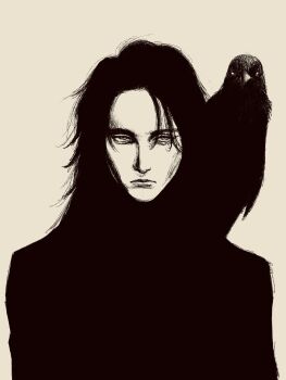 1other androgynous animal animal_on_shoulder bird cropped_torso crow greyscale highres long_hair looking_at_viewer monochrome original solo straight-on tp_p_pt