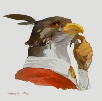 1boy bird_boy brown_feathers claws commentary_request feathers furry furry_male grey_background hand_on_own_chin hand_up looking_to_the_side male_focus monocle nagabe orange_eyes original simple_background solo upper_body