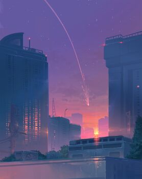 Rule 34 | building, city lights, cityscape, commentary, denis istomin, english commentary, evening, gradient sky, meteor, no humans, original, outdoors, purple sky, scenery, sky, skyscraper, star (sky), sun, sunset