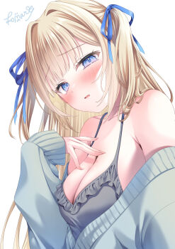 Rule 34 | 1girl, absurdres, aqua jacket, black shirt, blonde hair, blue eyes, blush, bow, breasts, cleavage, collarbone, commentary request, fingernails, hair bow, hand on own chest, highres, jacket, kmr 7m, long hair, looking at viewer, medium breasts, off shoulder, open clothes, open jacket, open mouth, original, shirt, signature, simple background, skindentation, sleeveless, sleeveless shirt, solo, two side up, upper body, wavy mouth, white background