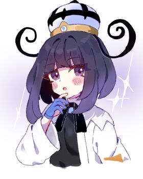 1girl :o black_dress blue_gloves blush blush_stickers bob_cut coat cropped_torso dress gloves gwynn_(pokemon) hat highres long_sleeves looking_at_viewer morokoshi_(moroko_shi33) nintendo open_clothes open_coat open_mouth partially_fingerless_gloves pokemon pokemon_legends:_z-a purple_eyes purple_hair short_hair solo upper_body white_coat