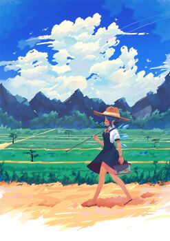 1girl absurdres blue_dress blue_hair butterfly_net cirno closed_eyes cloud cloudy_sky collared_shirt day dress flower food food_in_mouth hand_net hat highres holding holding_butterfly_net ice ice_wings landscape mountainous_horizon outdoors penglai_tea pointy_ears popsicle popsicle_in_mouth sandals scenery shirt short_sleeves sky solo straw_hat sunflower tan tanned_cirno touhou tree walking white_shirt wings