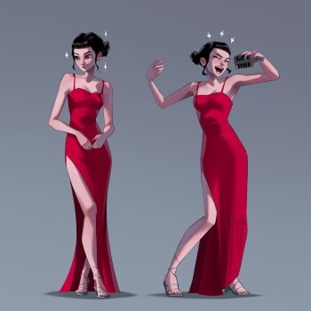 Rule 34 | 1girl, avyc02, black hair, blunt bangs, body freckles, breasts, brown eyes, double bun, dress, earrings, freckles, hair bun, high heels, highres, jewelry, kpop demon hunters, long dress, long legs, multiple views, music, narrow waist, open mouth, pink lips, red dress, short bangs, shoulder freckles, side slit, sidelocks, singing, slim legs, small breasts, spaghetti strap, zoey (kpop demon hunters)