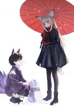 1boy 1girl absurdres aged_down animal_ears ankle_boots arknights black_boots black_coat black_hair black_pantyhose black_skirt blonde_hair boots breath chinese_commentary chromatic_aberration closed_mouth coat commentary_request eye_contact full_body gloves green_eyes grey_scarf highres holding holding_umbrella japanese_clothes kimono long_hair long_sleeves looking_at_another multicolored_hair multiple_tails oil-paper_umbrella orange_eyes outdoors pantyhose parted_lips pleated_skirt profile purple_kimono purple_tail red_gloves red_scarf scarf short_hair skirt snow snowing snowman squatting standing streaked_hair suzinuo243 suzuran&#039;s_father_(arknights) tail umbrella vulpisfoglia_(arknights) white_hair yellow_tail
