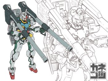artist_logo bazooka_(gundam) dual_wielding energy_sword exposed_internal_machinery gundam holding holding_bazooka holding_beam_saber holding_phone holding_shield holding_sword holding_weapon kaneko_tsukasa logo mecha mecha_focus mobile_suit mobile_suit_gundam phone redesign robot rx-78-2_gundam science_fiction shield simple_background standing sword v-fin weapon white_background