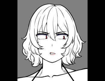1girl amazon_(taitaitaira) face_focus grey_background kazami_yuuka lineart looking_to_the_side open_mouth red_eyes short_hair sketch spaghetti_strap standing tagme teeth touhou