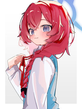 1girl absurdres aoi_(swoi_ekk) blue_archive blue_halo blue_vest commentary_request grey_background grey_eyes hair_between_eyes halo highres iroha_(blue_archive) long_hair red_hair shirt solo twintails two-tone_background vest white_background white_shirt