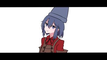 1girl black_ribbon blue_eyes chinese_commentary closed_mouth collared_shirt commentary_request grey_hair grey_hat hair_between_eyes hat head_tilt highres letterboxed looking_at_viewer miyako_yoshika miyako_yoshika_(living) neck_ribbon que_si_tian_yu_ze red_shirt ribbon shirt short_hair simple_background smile solo tate_eboshi touhou upper_body white_background