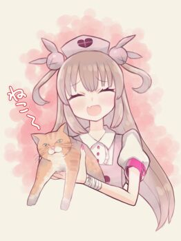 1girl ^_^ animal apron bandages buttons cat closed_eyes collared_shirt commentary fang hair_ornament hat holding holding_animal holding_cat light_brown_hair long_hair natori_sana natori_sana_(nurse) nurse_cap open_mouth pink_apron puffy_short_sleeves puffy_sleeves sana_channel shirt short_sleeves tank_(artist) two_side_up virtual_youtuber