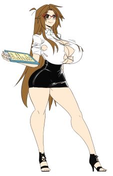 1girl ahoge bespectacled breasts brown_eyes brown_hair bursting_breasts cleavage clipboard ego_trigger female_focus glasses graph_(graphiteknight) high-waist_skirt high_heels highres huge_breasts legs long_hair long_legs mattie_(ego_trigger) miniskirt narrow_waist no_bra office_lady original pencil_skirt red-framed_eyewear shirt skirt sleeves_rolled_up smile solo standing thighs toes torn_clothes torn_shirt very_long_hair white_background