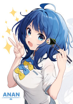 1girl :d absurdres ahoge blue_bow blue_eyes blue_hair blush bow breast_pocket breasts buttons character_name chinese_commentary chopsticks collared_shirt commentary_request food food_on_face grey_skirt hands_up highres holding holding_chopsticks holding_with_chopsticks irain large_breasts looking_at_viewer make_heroine_ga_oo_sugiru! makizushi medium_hair open_mouth pocket shirt shirt_bow short_sleeves skirt smile solo sparkle sushi typo upper_body v white_background white_shirt yanami_anna yellow_bow zoom_layer