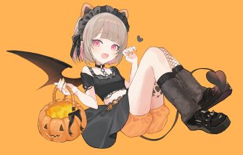 1girl :d alternate_costume animal_ears basket bat_ornament belt black_choker black_headdress black_leg_warmers black_ribbon black_shirt black_shoes black_skirt black_tail black_wings bloomers blunt_bangs blush bob_cut bra_strap candy cat_ears choker claw_pose colored_inner_hair cropped_shirt demon_tail demon_wings fake_animal_ears fang fishnet_thighhighs fishnets floating food full_body grey_hair heart highres holding holding_basket jack-o&#039;-lantern knees_up leg_tattoo leg_warmers looking_at_viewer maid_headdress makaino_ririmu medium_hair miniskirt monodoroooon multicolored_hair nijisanji o-ring o-ring_belt o-ring_choker open_mouth orange_background orange_belt orange_bloomers pink_hair pink_streaks pointy_ears red_eyes ribbon shirt shoes short_sleeves simple_background single_off_shoulder single_thighhigh skirt smile solo streaked_hair tail tattoo thighhighs torn_clothes torn_sleeves two-tone_hair underwear virtual_youtuber w_arms winged_heart winged_heart_tattoo wings