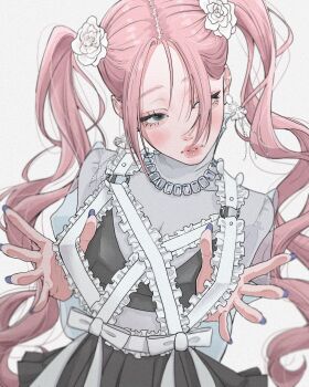 1girl aegyo_sal apron black_dress blue_eyes blue_nails blurry blush depth_of_field dress dress_ribbon earrings eyelashes fashion film_grain fingernails flower flower_earrings flower_hairtie frilled_apron frills grey_shirt hair_over_one_eye half-closed_eyes highres jewelry juliet_sleeves long_fingernails long_hair long_sleeves looking_to_the_side maid_apron modeling nail_polish o-ring_strap original parted_bangs parted_lips pleated_dress puffy_sleeves riviere_(necklace) see-through_clothes see-through_shirt see-through_sleeves shirt shirt_under_dress shirt_under_shirt tamori_(tamori_www) thick_lips turtleneck twintails upper_body very_long_hair wavy_hair white_background white_flower