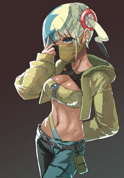 1girl absurdres aiueo_otoko aqua_hair bandeau belt black_belt black_mask black_pants blonde_hair blue_eyes blue_pants breasts canari_(pokemon) cleavage criss-cross_straps dark-skinned_female dark_skin highres jacket long_sleeves looking_at_viewer mask medium_breasts mega_stone mouth_mask multicolored_hair navel nintendo pants pokemon pokemon_legends:_z-a simple_background solo split-color_hair sports_bra twintails two-tone_hair two-tone_mask two-tone_pants yellow_bandeau yellow_jacket yellow_mask yellow_sports_bra