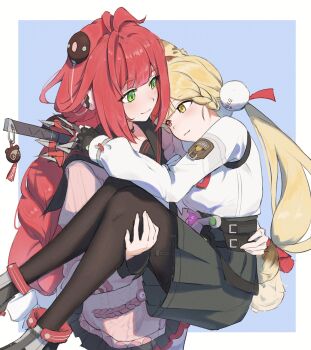 2girls aina_(alianglian91929) alice_thymefield animal_ear_fluff animal_ears belt black_gloves black_pantyhose black_sailor_collar blue_background blush border braid braided_twintails cardigan carrying charm_(object) chest_bow closed_mouth fingerless_gloves gloves green_eyes green_skirt hair_ornament hand_on_another&#039;s_waist hearing_aid heterochromia highres long_hair looking_at_another multiple_girls pantyhose pink_cardigan princess_carry rabbit_ears rabbit_girl rabbit_tail red_eyes red_hair red_umbrella sailor_collar shirt shoes skirt smile sphere_hair_ornament tail twintails ukinami_yuzuha umbrella white_border white_shirt white_shoes yellow_eyes yuri zenless_zone_zero