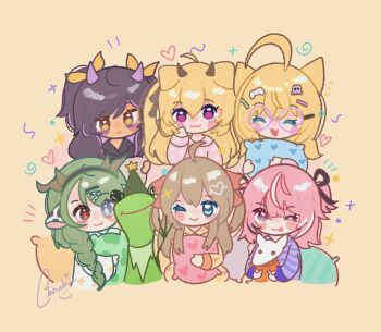 1boy 6+girls :3 :o :p ahoge animal animal_ears bags_under_eyes black_hair black_hairband black_pajamas black_sclera blonde_hair blue_eyes blue_pajamas blunt_bangs blush_stickers braid brown_hair camila_(vtuber) cat_ears cerber_(vtuber) chibi chibi_only chrchie chrchie_(artist) closed_eyes colored_sclera cow_ears cow_horns crelly cropped_torso demon_horns dog_ears double-parted_bangs evil_neuro-sama fang flipped_hair floral_print glasses green_hair hair_between_eyes hair_ornament hair_over_one_eye hair_over_shoulder hair_ribbon hairband hairpin hand_on_own_cheek hand_on_own_face happy hat heart heart_hair_ornament heart_print heterochromia highres holding holding_animal holding_pillow horns indie_virtual_youtuber kermit_the_frog layna_lazar long_hair looking_at_viewer minikomew multicolored_hair multiple_girls multiple_hairpins muppets neuro-sama notice_lines one_eye_closed pajamas party_hat pillow pink_eyes pink_hair pink_pajamas polka_dot polka_dot_pajamas purple_eyes purple_hair red_pupils red_ribbon ribbon round_eyewear shrew signature single_braid skin_fang sleepover smile sparkle streaked_hair striped_clothes striped_pajamas swirl tongue tongue_out two_side_up vedal987 vedal_ai vrchat white_hair white_pajamas yellow_background yellow_eyes yellow_pajamas yellow_ribbon