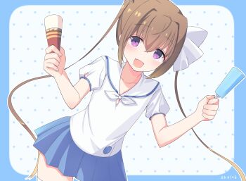 1girl blue_skirt blush brown_hair collarbone fang female_focus food hair_between_eyes holding ice_cream long_hair looking_at_viewer momochi_tamate nu_nu_nuibara open_mouth purple_eyes school_uniform serafuku shirt short_sleeves skin_fang skirt slow_start solo standing thighhighs white_shirt white_thighhighs