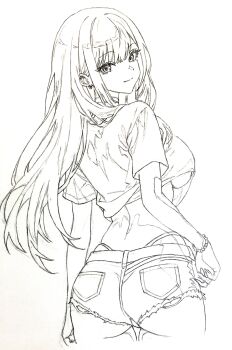 1girl absurdres arms_at_sides ass breasts choppy_bangs closed_mouth commentary_request crop_top cropped_legs cropped_shirt cutoffs earrings from_behind greyscale highres i4teruz jewelry large_breasts lineart long_hair looking_at_viewer looking_back micro_shorts monochrome original panties panty_straps short_sleeves shorts simple_background smile solo turning_head underboob underwear