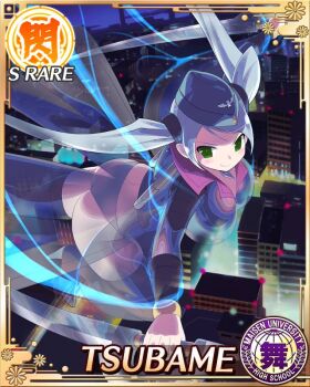 1girl aura black_thighhighs boots border breasts card_(medium) character_name choker cityscape cleavage closed_mouth dual_wielding game_cg garrison_cap green_eyes grey_hair grey_jacket grey_panties hat holding holding_sword holding_weapon jacket large_breasts long_hair looking_at_viewer midair military_hat military_uniform official_alternate_costume official_art outstretched_arms panties see-through_clothes see-through_jacket senran_kagura senran_kagura_new_wave smile solo swept_bangs sword thigh_boots thighhighs tsubame_(senran_kagura) twintails underwear weapon