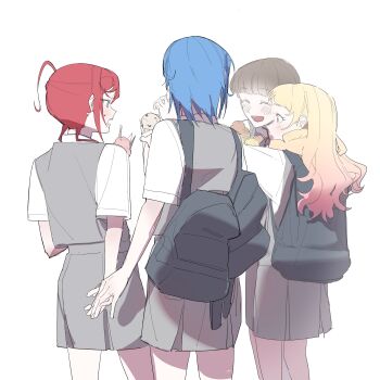 Rule 34 | 4girls, :d, ^ ^, absurdres, backpack, bag, black bag, blonde hair, blue hair, blush, brown hair, closed eyes, collared shirt, commentary request, dress, eunonda, facing away, food, gradient hair, grey dress, highres, holding, holding food, holding ice cream, holding ice cream cone, ice cream, ice cream cone, korean commentary, liella! second generation, love live!, love live! superstar!!, multicolored hair, multiple girls, onitsuka natsumi, open mouth, pinafore dress, pink hair, pleated dress, red hair, sakurakoji kinako, school uniform, shirt, short dress, short hair, short sleeves, simple background, sleeveless, sleeveless dress, smile, standing, summer uniform, wakana shiki, white background, white shirt, yoneme mei, yuigaoka school uniform