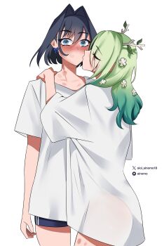 absurdres antlers blue_eyes blue_hair blue_shorts blush bow bow_earrings breasts ceres_fauna double-parted_bangs earrings fanged_bangs flower gradient_hair green_hair hair_behind_ear hair_flower hair_intakes hair_ornament highres hololive hololive_english horns jewelry kiss kissing_cheek large_breasts long_hair multicolored_hair naked_shirt oioi_ainomo ouro_kronii shirt short_hair short_shorts shorts t-shirt virtual_youtuber white_shirt yuri