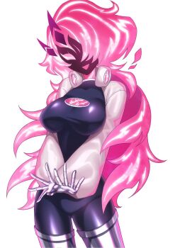 1girl black_bodysuit bodysuit breasts commentary_request cropped_jacket duel_monster electricity elemental_(creature) enmo_takeshita gloves highres jacket large_breasts lightning_elemental lightning_hair long_hair long_sleeves open_clothes open_jacket open_mouth pink_eyes pink_hair smile solo spright_carrot thighhighs thighs tight_clothes white_jacket yu-gi-oh!