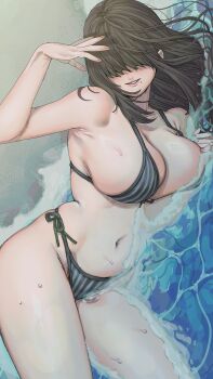 1girl armpit_crease bikini black_hair blush breasts cleavage covered_eyes dr.k_(doctorkodok) hair_over_eyes hand_on_own_head highres kakure_meme kimi_no_koto_ga_dai_dai_dai_dai_daisuki_na_100-nin_no_kanojo large_breasts long_hair lying mole mole_under_mouth navel on_side parted_lips partially_submerged sand smile solo striped_bikini striped_clothes swimsuit thighs water wet