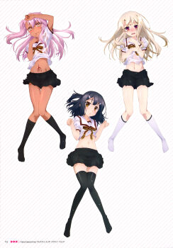 3girls absurdres arm_up black_hair black_skirt black_socks blonde_hair blouse blush brown_eyes chloe_von_einzbern copyright_name dark-skinned_female dark_skin embarrassed fate/kaleid_liner_prisma_illya fate_(series) finger_to_mouth floating_hair from_above full_body groin hair_ornament hairclip highres homurabara_academy_school_uniform illyasviel_von_einzbern kneehighs long_hair lying midriff miniskirt miyu_edelfelt multiple_girls navel official_art on_back page_number pink_hair red_eyes school_uniform shiny_skin shirt short_sleeves skirt socks sstoacmh stomach striped_background tatto tattoo thighhighs wet wet_clothes wet_shirt wet_skirt white_background white_legwear white_shirt yellow_eyes zettai_ryouiki