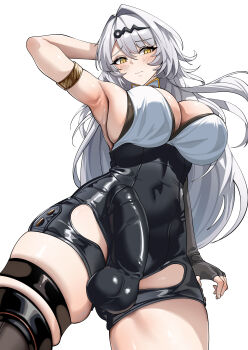 1girl absurdres arm_at_side arm_up armlet armpits black_gloves black_shorts black_thighhighs blush breasts bulge closed_mouth clothing_cutout commentary covered_navel covered_penis covered_testicles cowboy_shot elbow_gloves erection erection_under_clothes fingerless_gloves fingernails floating_hair from_below futanari gloves grey_hair hair_between_eyes hair_ornament hairclip hand_in_own_hair high-waist_shorts highres jewelry large_breasts leg_cutout long_hair looking_at_viewer looking_down paid_reward_available raised_eyebrows shirt shorts sideboob sideless_shirt simple_background single_elbow_glove single_glove single_thighhigh skin_tight skindentation sleeveless sleeveless_shirt solo standing thigh_strap thighhighs white_background white_shirt wujack yellow_eyes yixuan_(zenless_zone_zero) zenless_zone_zero