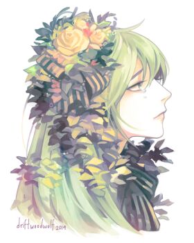 1girl 2019 artist_name clip_studio_paint_(medium) commentary driftwoodwolf english_commentary flower green_eyes green_hair hair_flower hair_ornament hatsune_miku long_hair plant sad simple_background solo tears upper_body vocaloid white_background