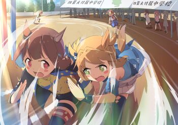 Rule 34 | > <, 6+girls, absurdres, air shakur (umamusume), air shakur (umamusume) (cosplay), animal ears, arm warmers, asymmetrical footwear, belt, black footwear, black gloves, black jacket, black pantyhose, black ribbon, black skirt, black thighhighs, blue hair, blush stickers, bow, brown eyes, brown hair, clothing cutout, colored inner hair, commentary, cosplay, ear bow, ear covers, ear ornament, fang, gloves, green eyes, green sailor collar, hair ornament, hairband, heavy breathing, highres, horse ears, horse girl, horse tail, hozuki kaede, hozuki momiji, jacket, kaai yuu, kemonomimi mode, kouno marika, lab coat, long hair, long sleeves, meisho doto (umamusume), meisho doto (umamusume) (cosplay), mismatched footwear, motion lines, multicolored hair, multiple girls, neck ribbon, oka asahi, onii-chan wa oshimai!, open clothes, open jacket, outdoors, oyama mahiro, oyama mihari, pantyhose, people, pink hair, ponytail, racing, ribbon, sailor collar, shiina minori, shirt, shoes, short hair, side ponytail, sidelocks, silence suzuka (umamusume), silence suzuka (umamusume) (cosplay), silhouette, skirt, speed lines, sports festival, star-shaped pupils, star (symbol), super creek (umamusume), super creek (umamusume) (cosplay), symbol-shaped pupils, tail, tail through clothes, thigh strap, thighhighs, track and field, tsuda minami, two-tone hair, umamusume, very long hair, visible air, voice actor connection, watada misaki, white footwear, wrist cuffs, yellow shirt, yuuki kana (voice actor)