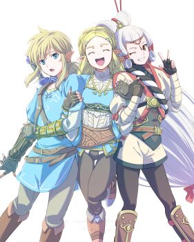 Rule 34 | 1boy, 2girls, absurdres, black pants, blonde hair, blue eyes, blue shirt, blue tunic, boots, braid, breasts, champion's tunic (zelda), closed eyes, crown braid, eye symbol, facial mark, fingerless gloves, forehead mark, forehead tattoo, gloves, grey hair, hair ornament, hair stick, hairclip, highres, hyrule warriors: age of calamity, impa, link, long hair, looking at viewer, multiple girls, nintendo, one eye closed, open mouth, pants, pantyhose, pointy ears, princess zelda, red eyes, sheikah, shirt, short hair, sidelocks, smile, tattoo, teeth, the legend of zelda, the legend of zelda: breath of the wild, tomo.puri, triforce, tunic, w