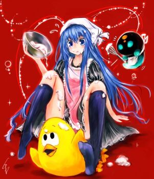 1girl ^^^ apron bastion blue_eyes blue_hair bowl dot_heit dress kneehighs long_hair looking_at_viewer messy red_background signature simple_background socks sparkle spill squirt_(bastion) st-ko steam_(platform) sutiko toki_tori toki_tori_(game) whipped_cream whisk