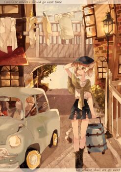 3girls animal_ears black_boots black_hat black_shorts blonde_hair boots bush car casual cat_ears cat_girl closed_mouth clothesline commentary_request english_text full_body green_scarf hat house kaban_(kemono_friends) kemono_friends lamppost looking_afar motor_vehicle multiple_girls newsboy_cap outdoors rolling_suitcase sand_cat_(kemono_friends) scarf serval_(kemono_friends) shinjitsu_no_kuchi shirt short_hair shorts solo_focus suitcase tree walking white_shirt window